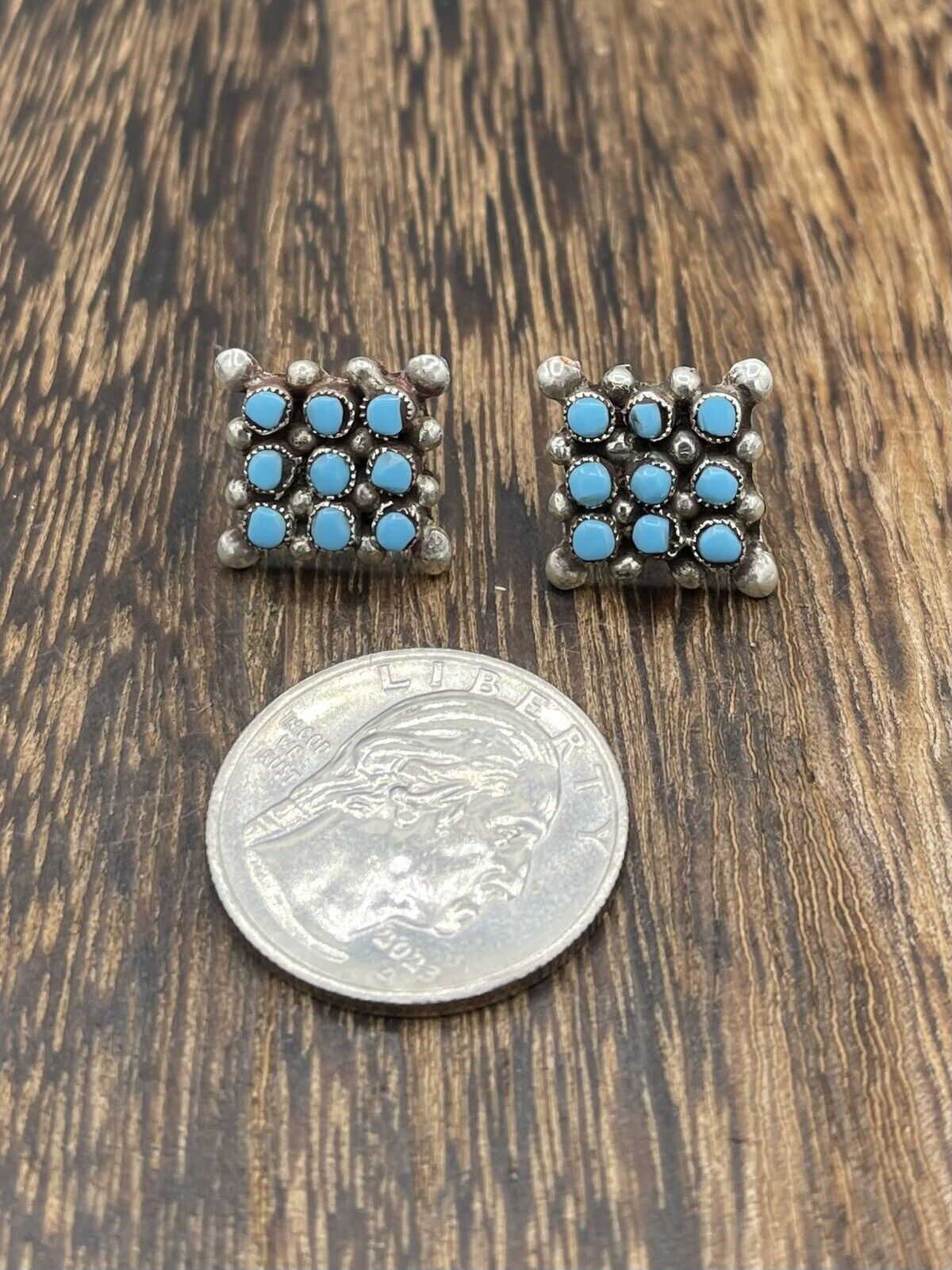 Native American Zuni Handmade Sterling Silver Turquoise Cluster Post Earrings