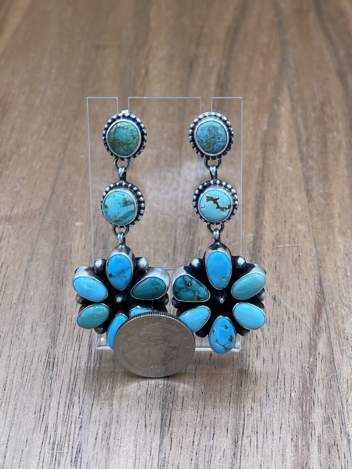 Native American Navajo Handmade Silver Kingman Turquoise Dangle Cluster Earrings