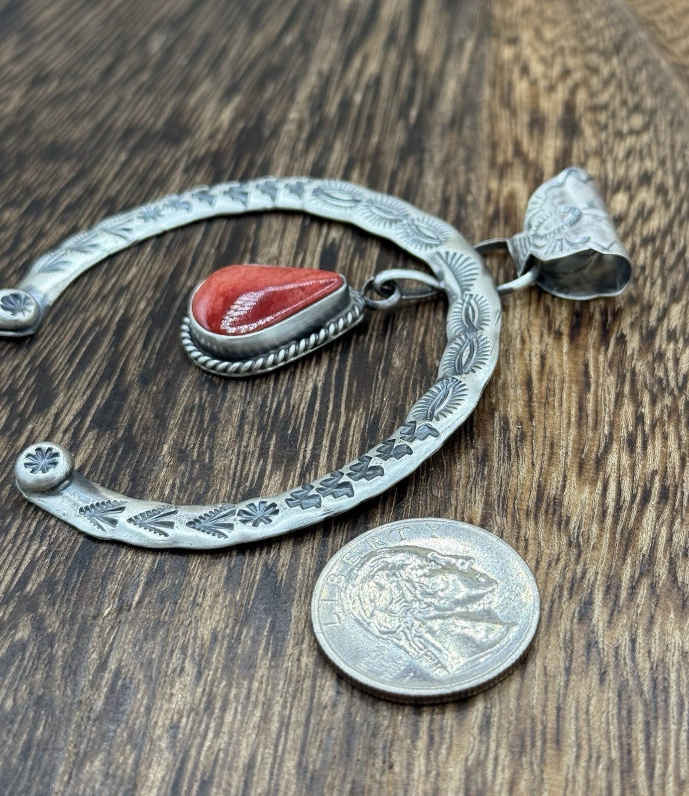 Navajo Handmade Sterling Silver Stamped Red Spiny Oyster Shell Naja Pendant