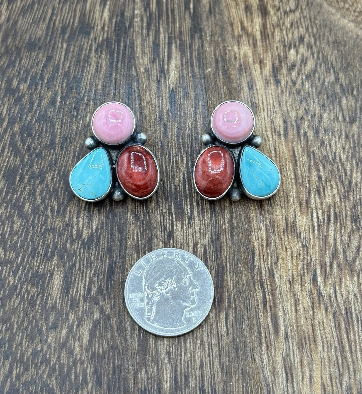 Navajo Handmade Sterling Silver Multi Color Turquoise Spiny Cluster Earrings