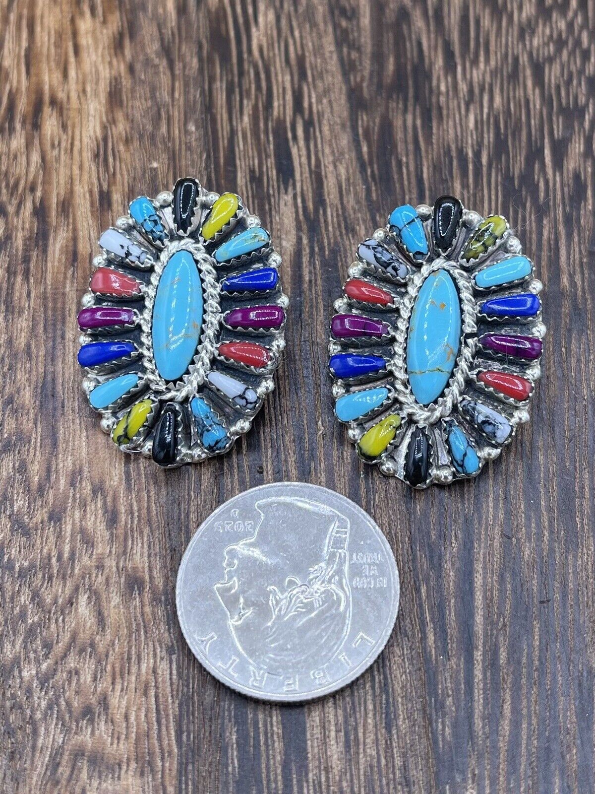 Native American Navajo Handmade Sterling Silver Multicolor Cluster Stud Earrings