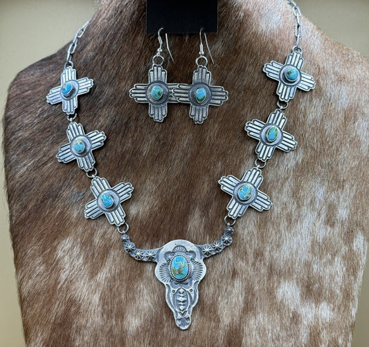 Navajo Handmade Sterling Silver Sonoran Gold Turquoise Longhorn Zia Necklace Set