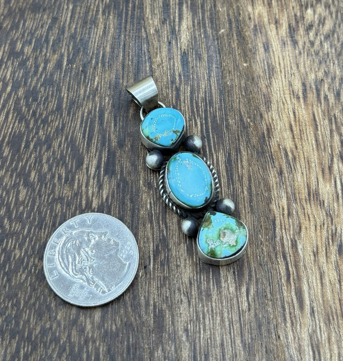 Navajo Handmade Sterling Silver Sonoran Gold Turquoise Cluster Drop Pendant