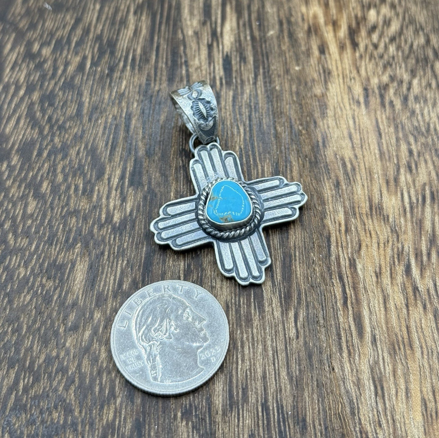 Navajo Handmade Sterling Silver Old Look Kingman Turquoise Zia Pendant Kevin B.