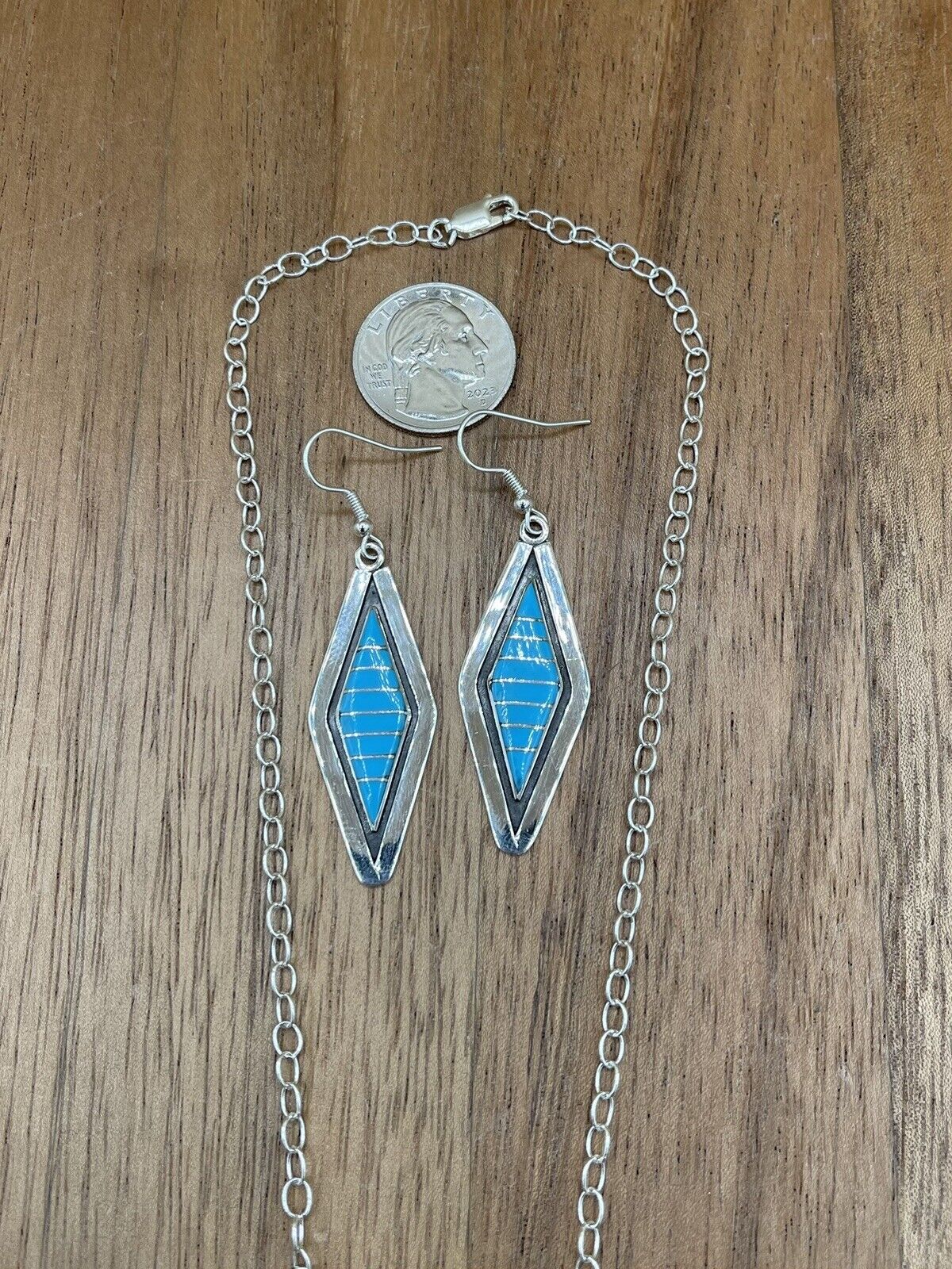 Native American Zuni handmade Sterling Silver Turquoise Inlay  Necklace Set 18”