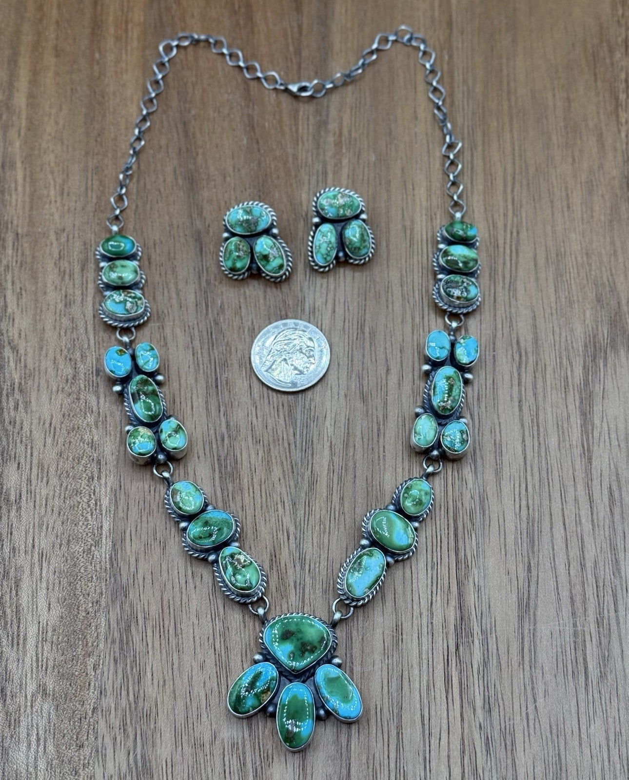 Navajo Handmade Sterling Silver Sonoran Gold Turquoise Cluster Necklace Set 20”