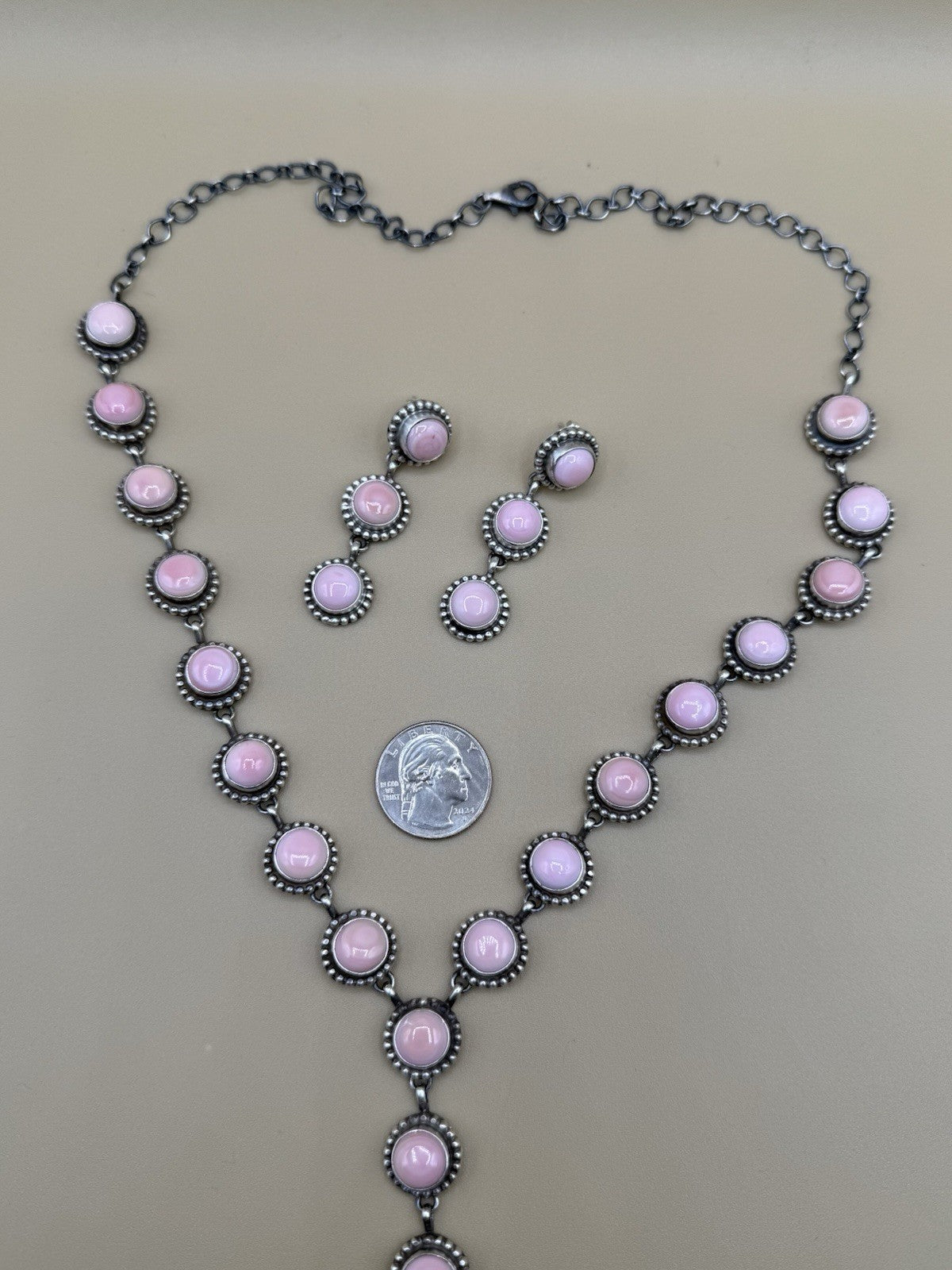 Navajo Handmade Sterling Silver Pink Conch Lariat Dangle Necklace Super Long