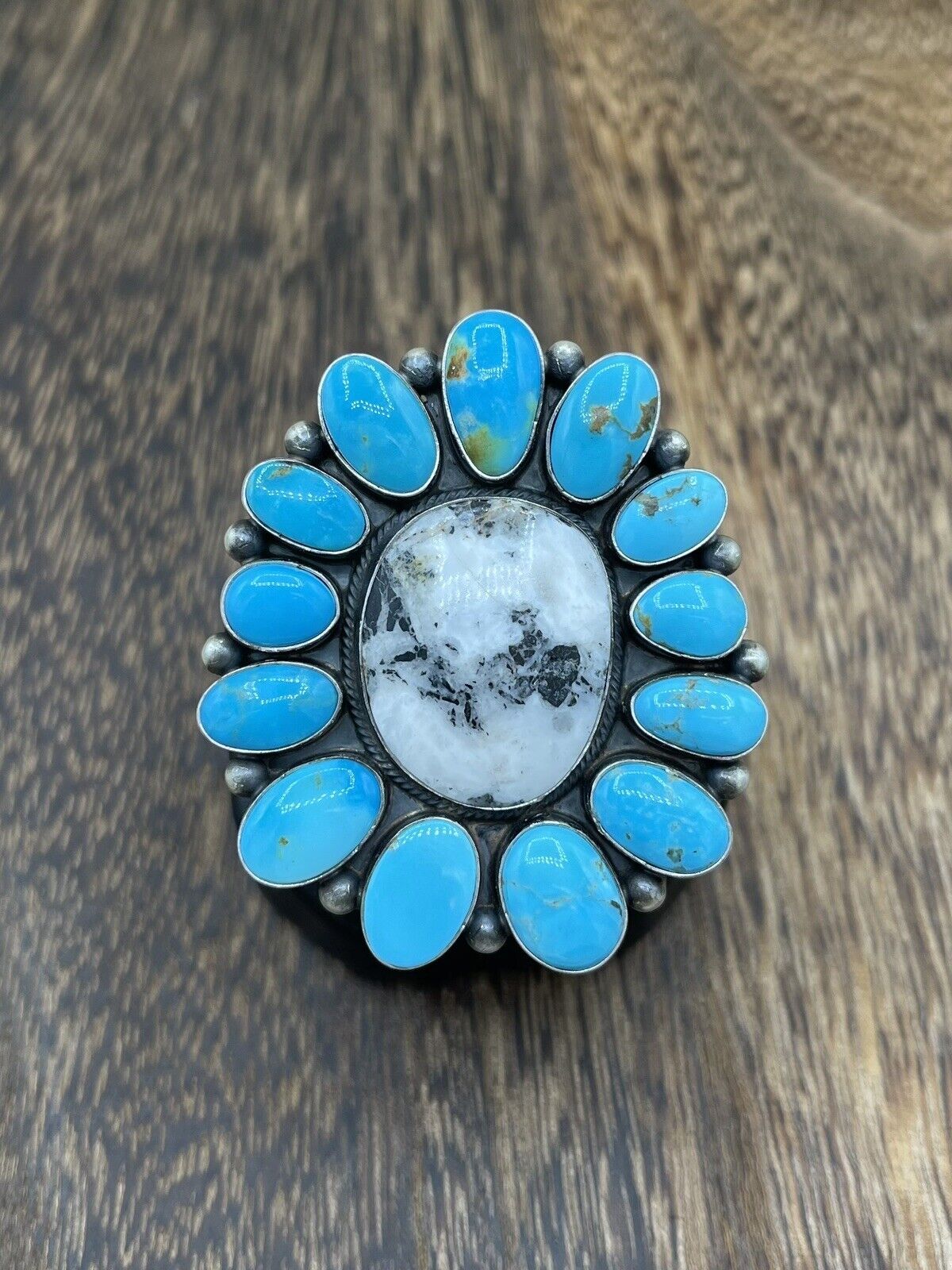 Native American Navajo Handmade Sterling Silver Turquoise Cluster Ring Size 8