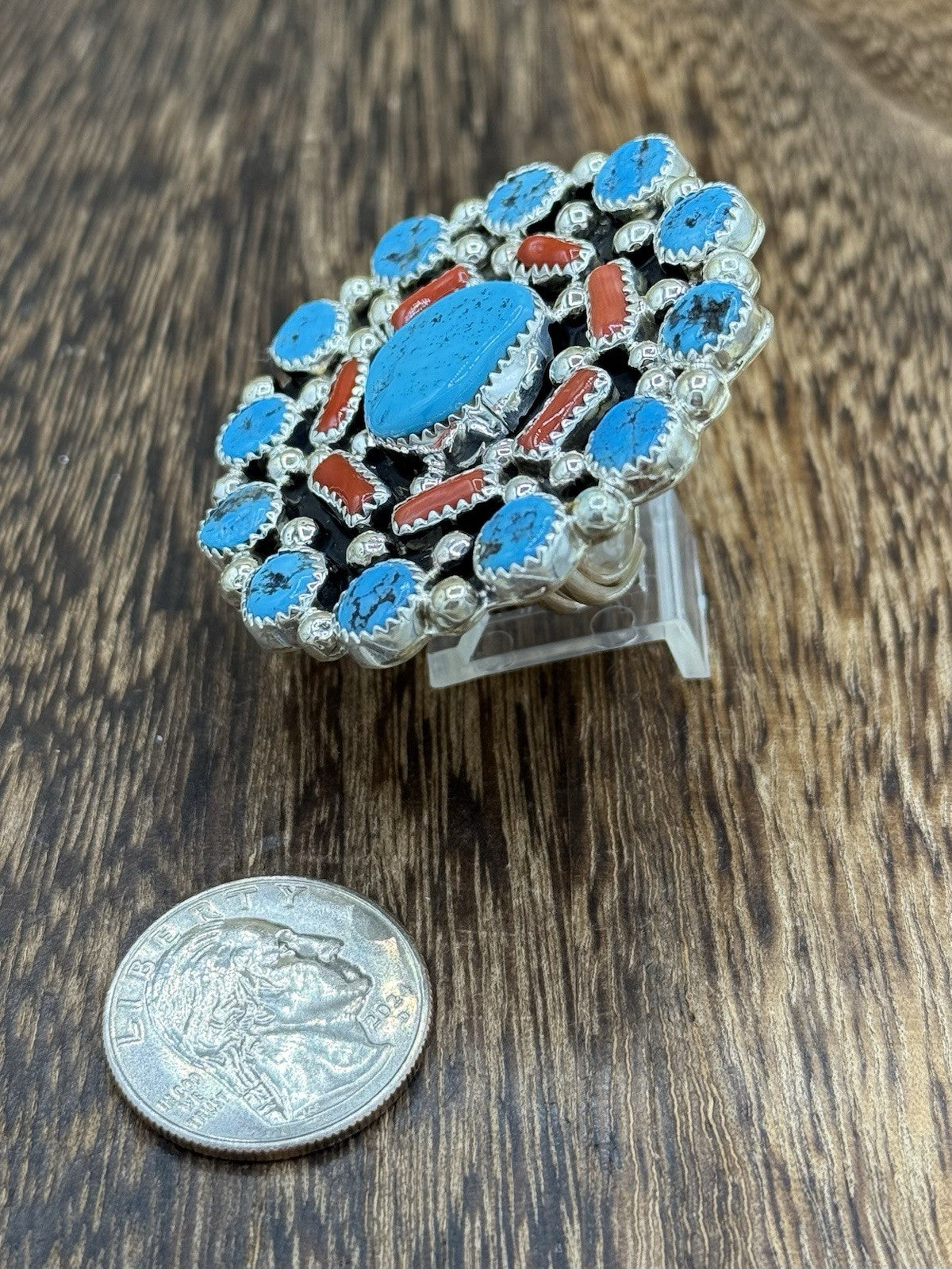 Navajo Handmade Sterling Silver Sleeping Beauty Turquoise & Coral Adjustable 6-9