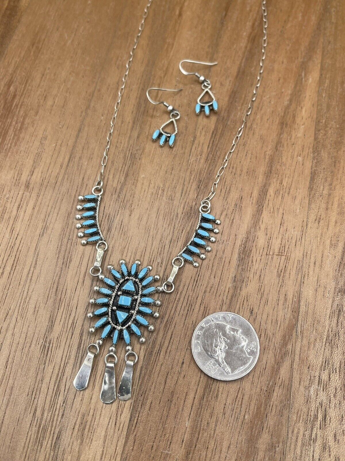 Native American Zuni handmade Silver Turquoise Inlay Needlepoint Necklace 18”