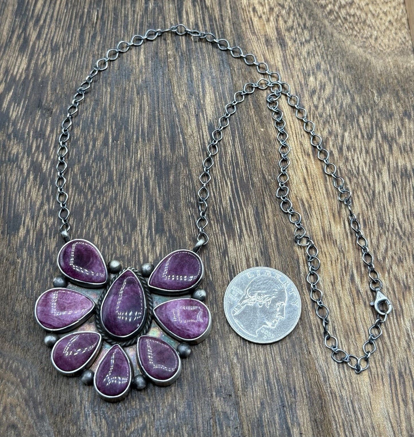 Navajo Handmade Sterling Silver Purple Spiny Oyster Cluster Bar Necklace 18”