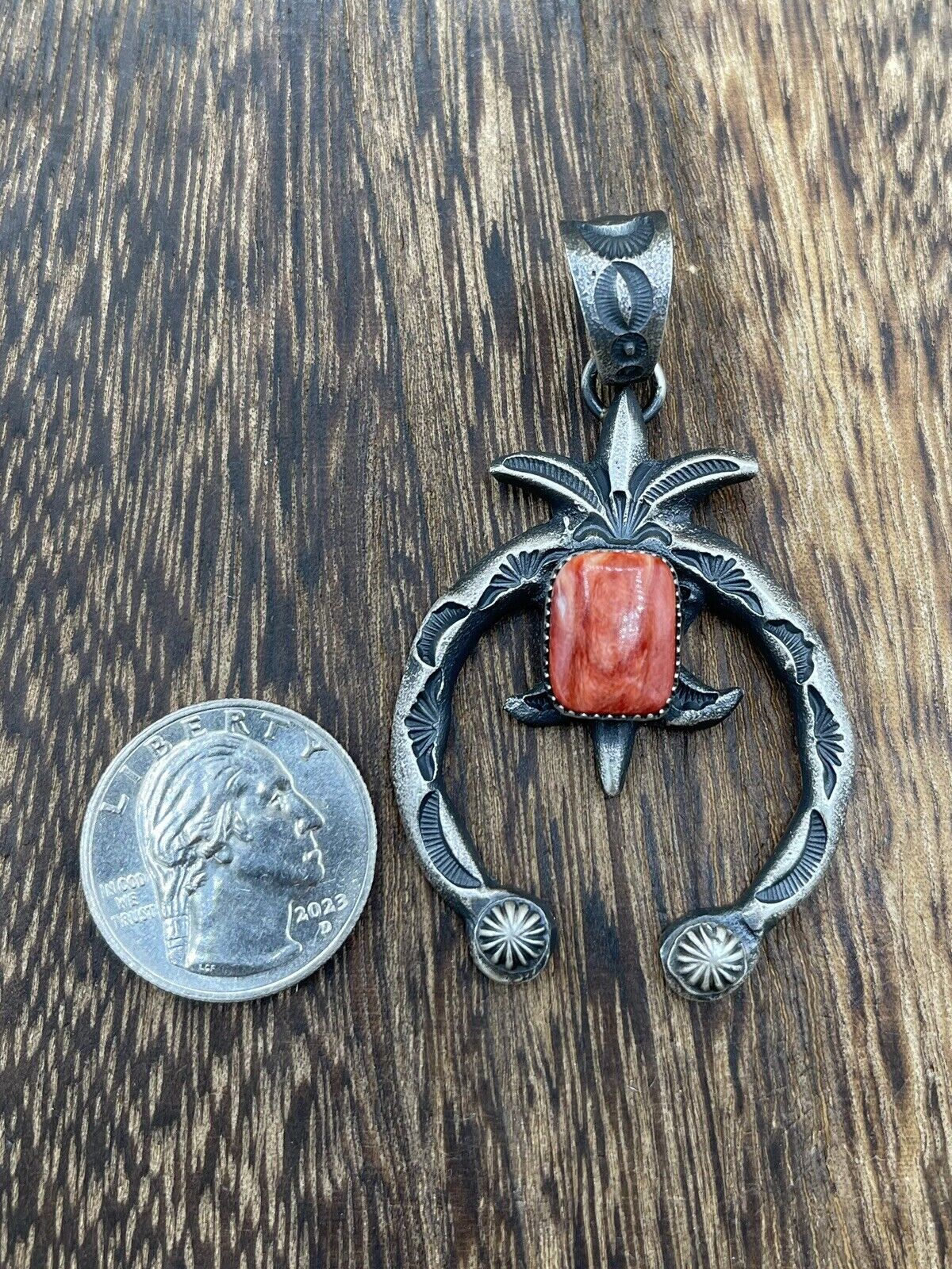 Native American Indian Navajo Handmade Silver Old Look Spiny Oyster Naja Pendant