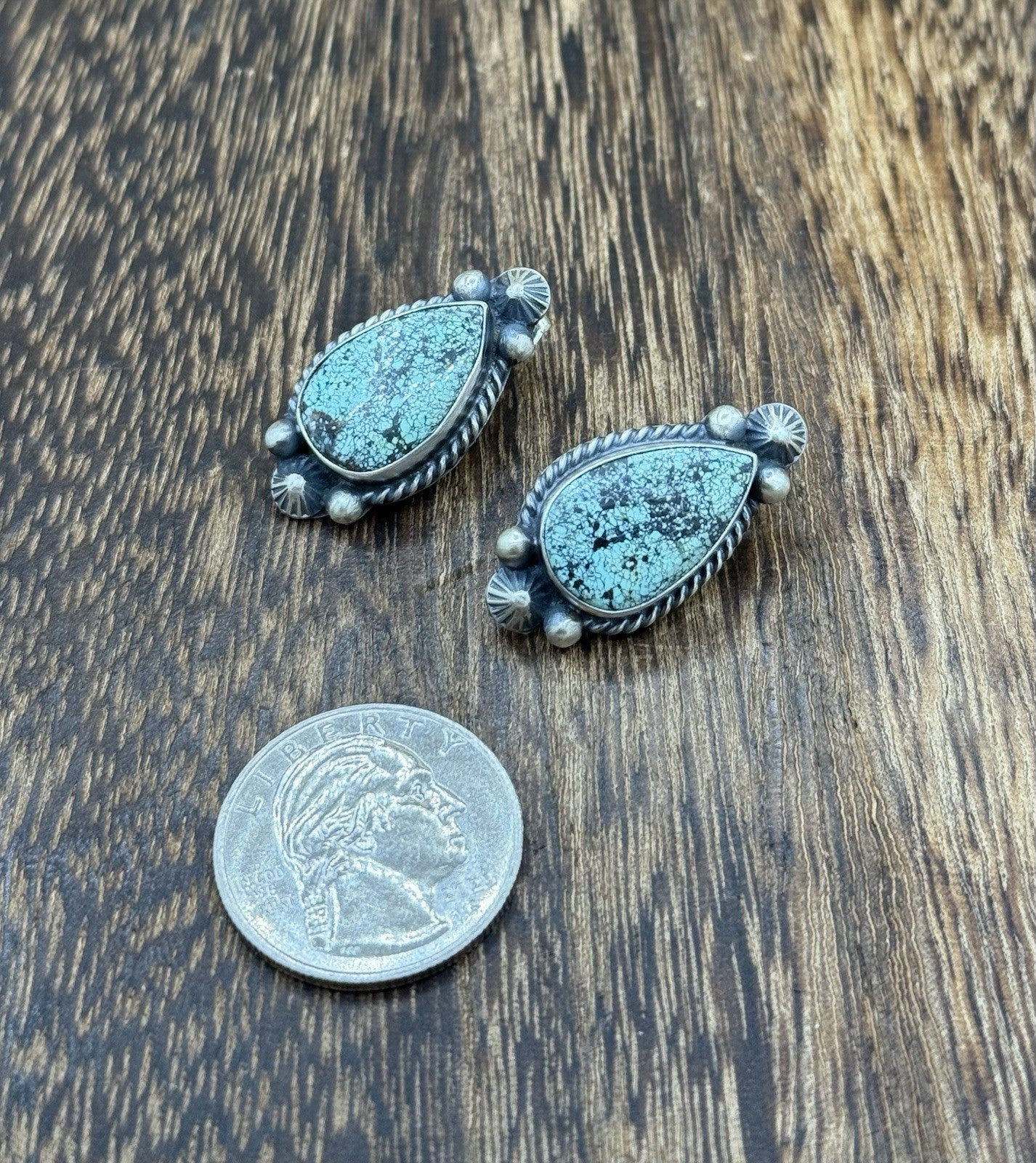 Navajo Handmade Sterling Silver Blackjack Turquoise Old Look Post Stud Earrings