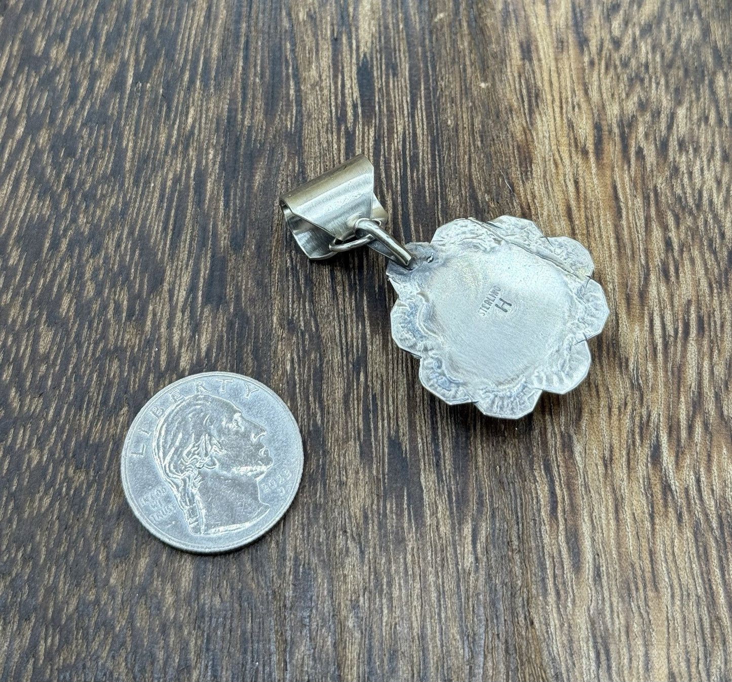 Navajo Handmade Sterling Silver Blue Bird Turquoise Stamped Design Drop Pendant