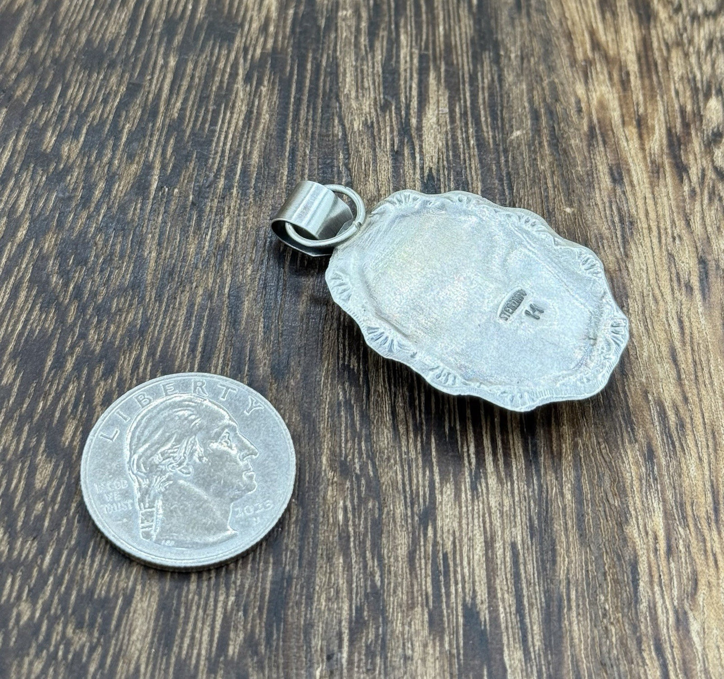 Navajo Handmade Sterling Silver Purple Spiny Oyster Shell Stamped Drop Pendant