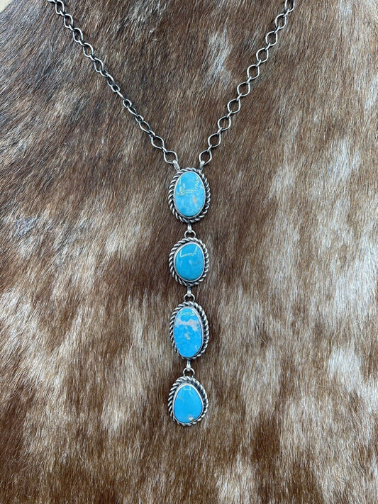 Native American Navajo Handmade Silver Kingman Turquoise Drop Bar Necklace 18”