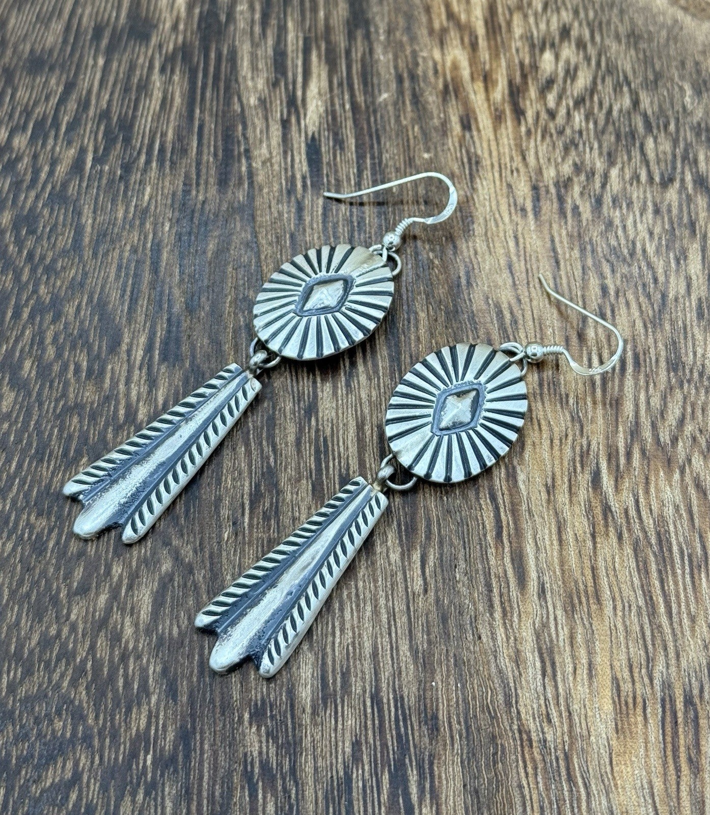 Navajo Handmade Sterling Silver Old Look Stamped Concho Design Dangle Earrings