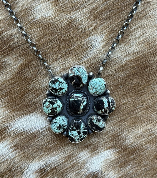 Navajo Handmade Sterling Silver Blackjack Turquoise Cluster Bar Necklace 18”