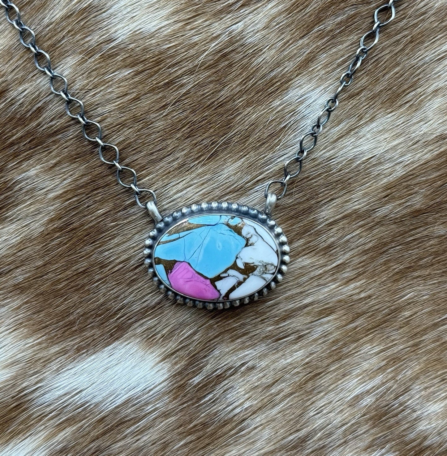 Native Navajo Handmade Sterling Silver Cotton Candy Dahlia Bar Necklace 18”
