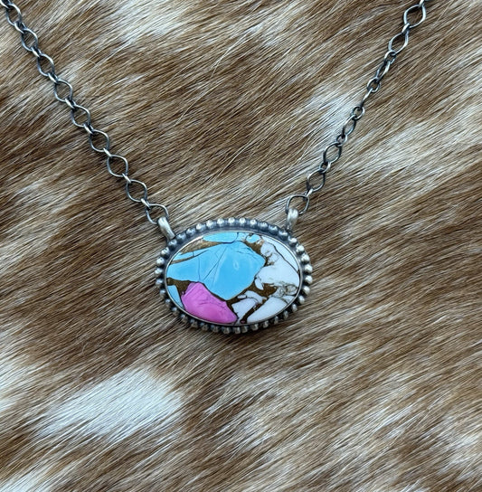 Native Navajo Handmade Sterling Silver Cotton Candy Dahlia Bar Necklace 18”