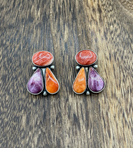 Navajo Handmade Sterling Silver Multi Color Spiny Oyster Shell Cluster Earrings