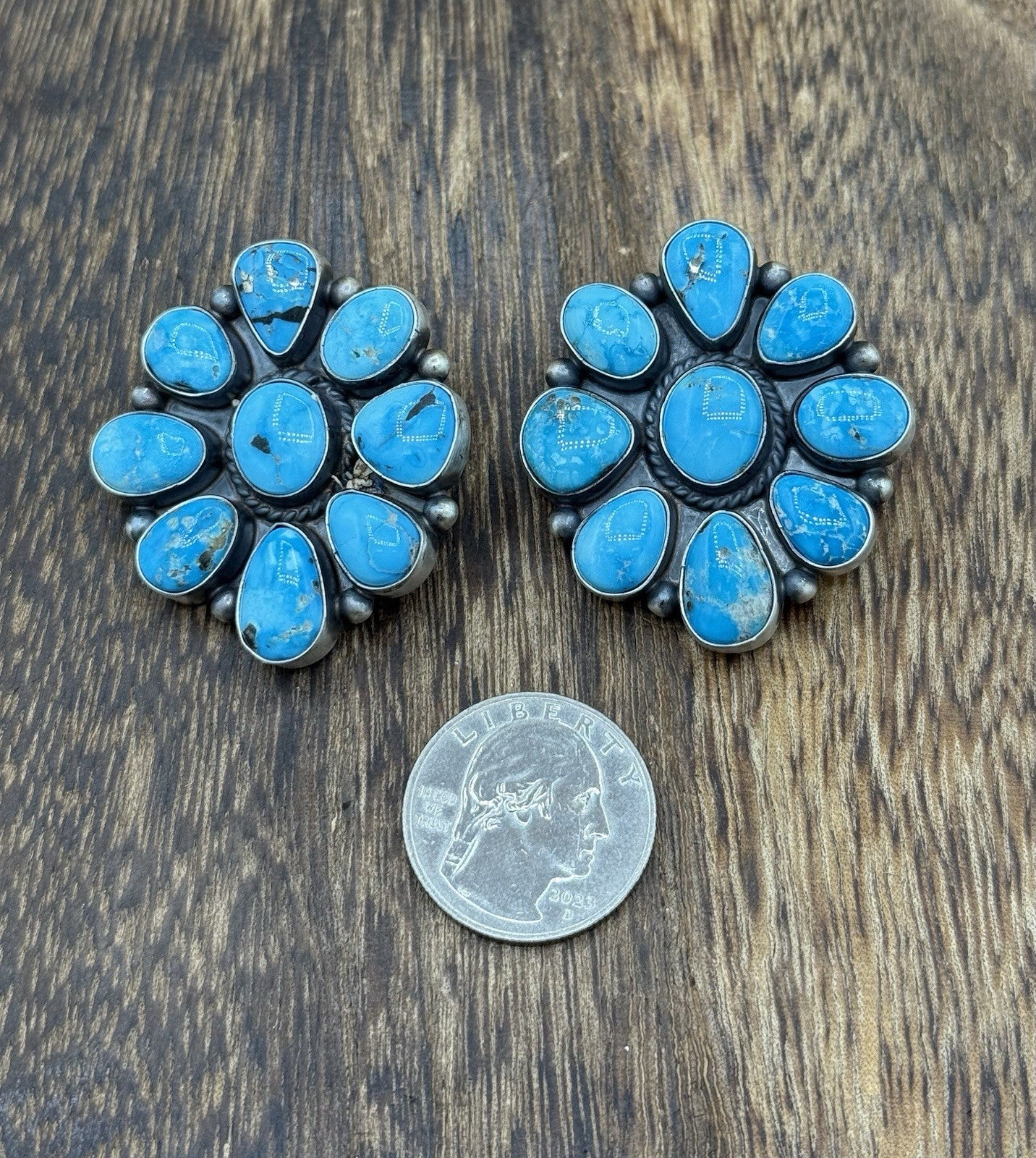Navajo Handmade Sterling Silver Blue Ridge Turquoise Cluster Post Large Earrings