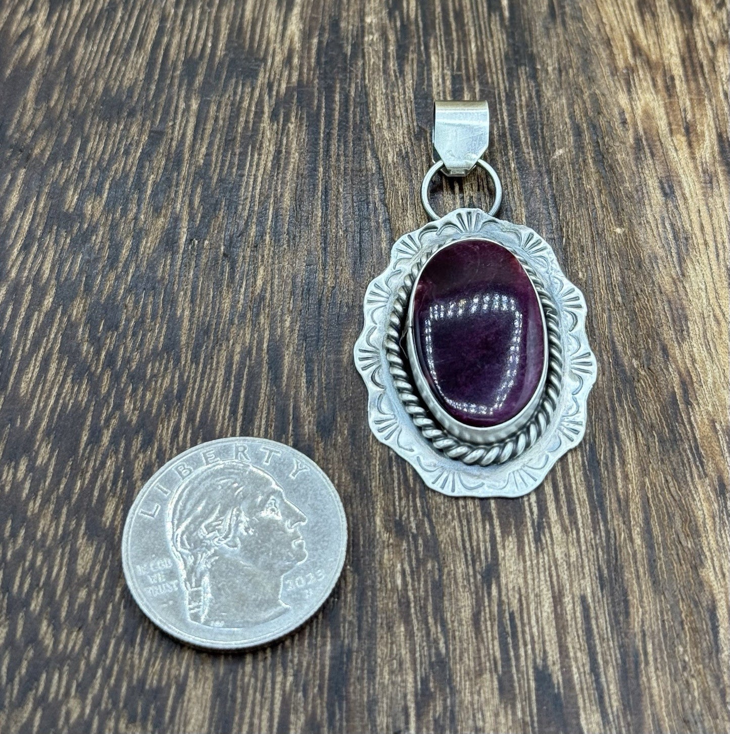 Navajo Handmade Sterling Silver Purple Spiny Oyster Shell Stamped Drop Pendant