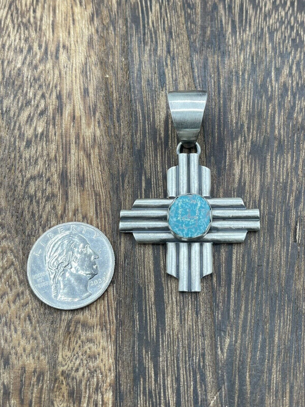 Native American Sterling Silver Navajo Handmade Kingman Turquoise Zia Pendant