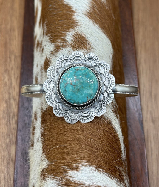 Native Navajo Handmade Sterling Silver Kingman Turquoise Cuff Stamped Bracelet