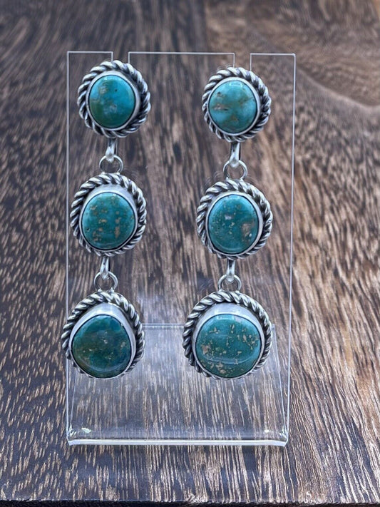 Native American Navajo Handmade Sterling Silver Turquoise Post Dangle Earrings