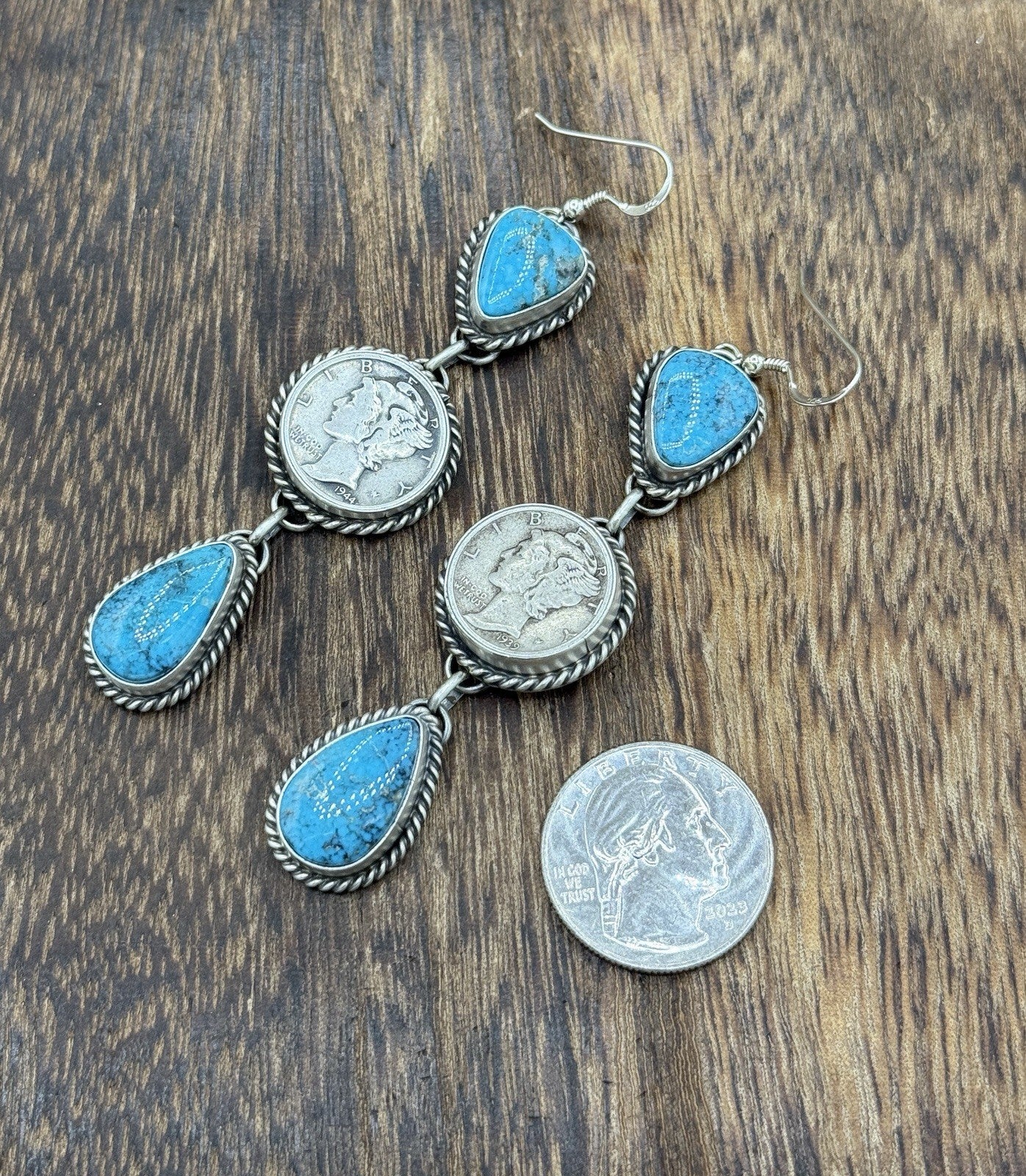 Navajo Handmade Sterling Silver Kingman Turquoise Liberty Mercury Dime Earrings