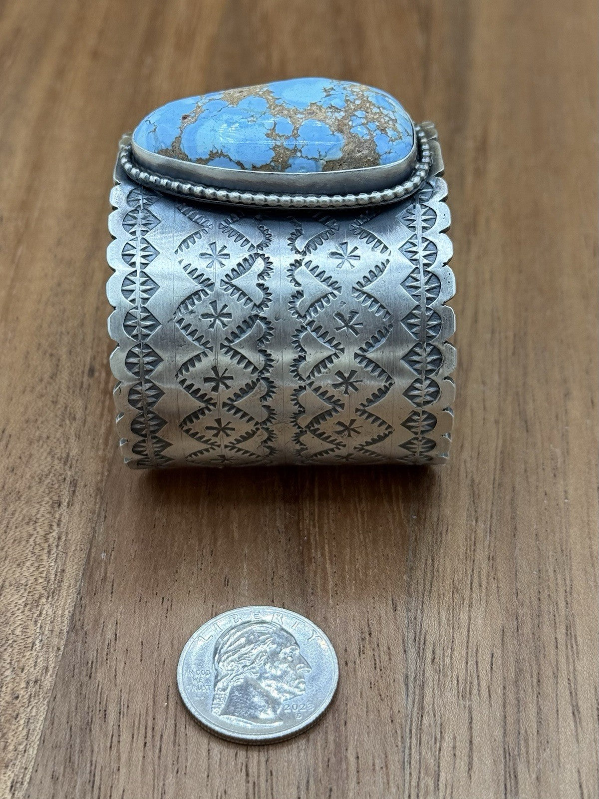 Navajo Handmade Sterling Silver Golden Hills Turquoise Stamped Cuff Bracelet