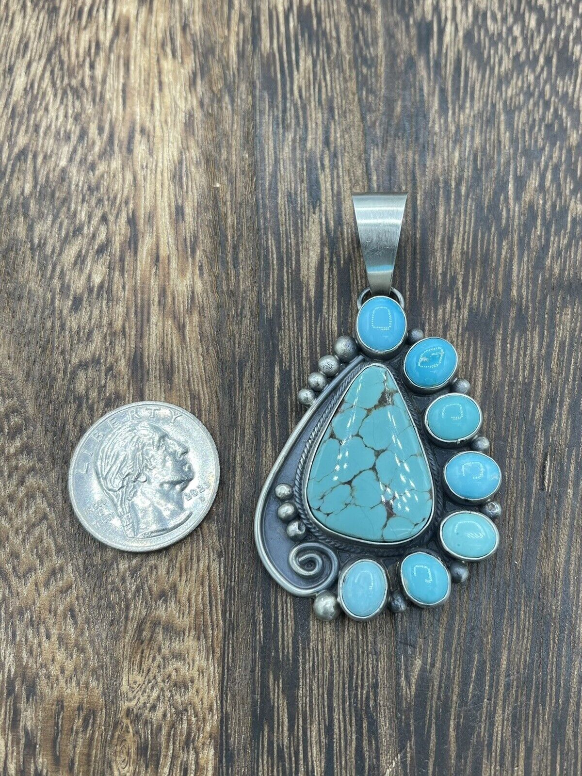 Native American Navajo  Silver Handmade Turquoise Cluster Pendant - Betta Lee