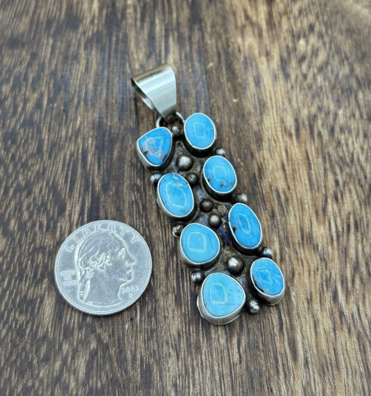Native Navajo Handmade Sterling Silver Blue Ridge Turquoise Cluster Drop Pendant