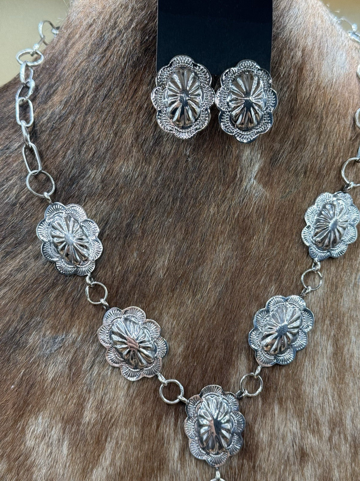 Navajo Handmade Sterling Silver Stamped Concho Shiny Lariat Necklace Set 24”