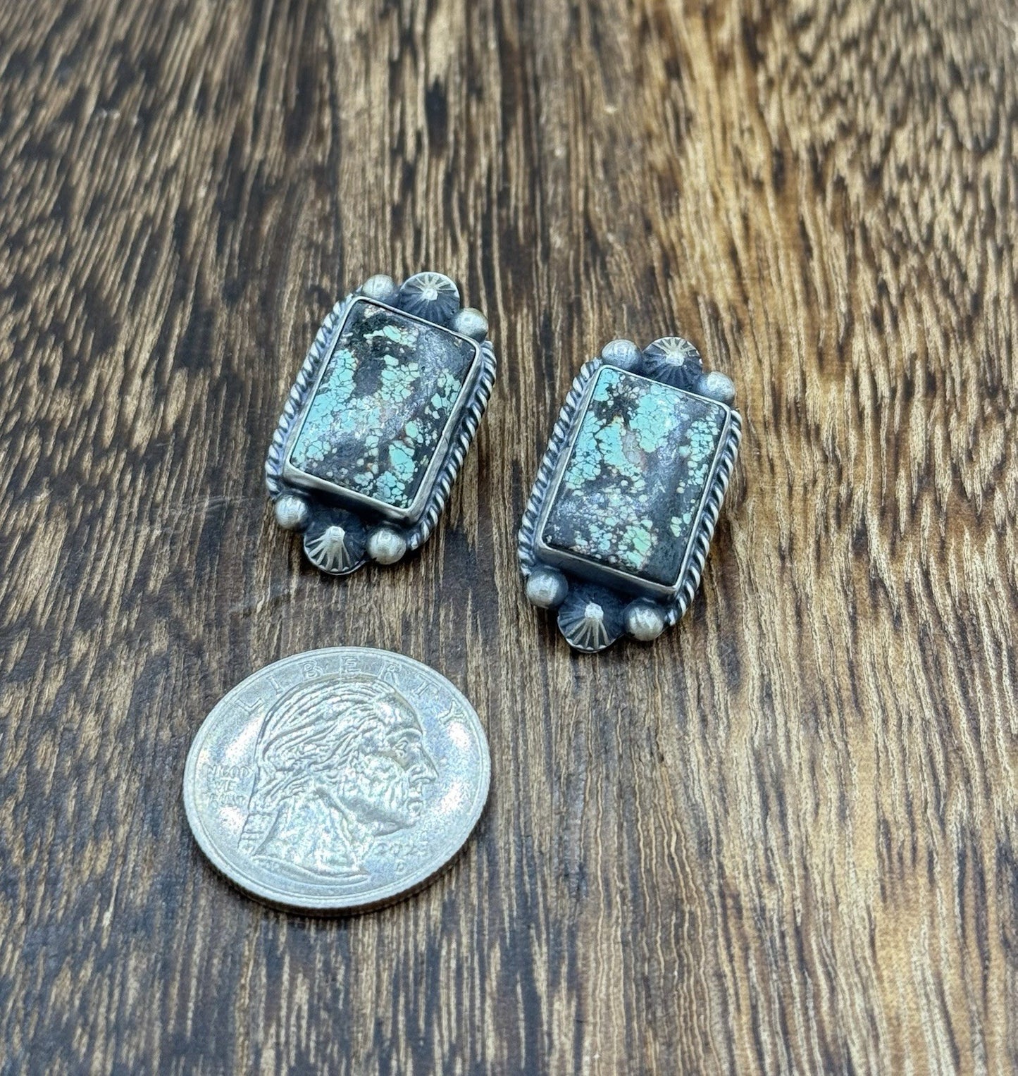 Navajo Handmade Sterling Silver Blackjack Turquoise Old Look Post Stud Earrings