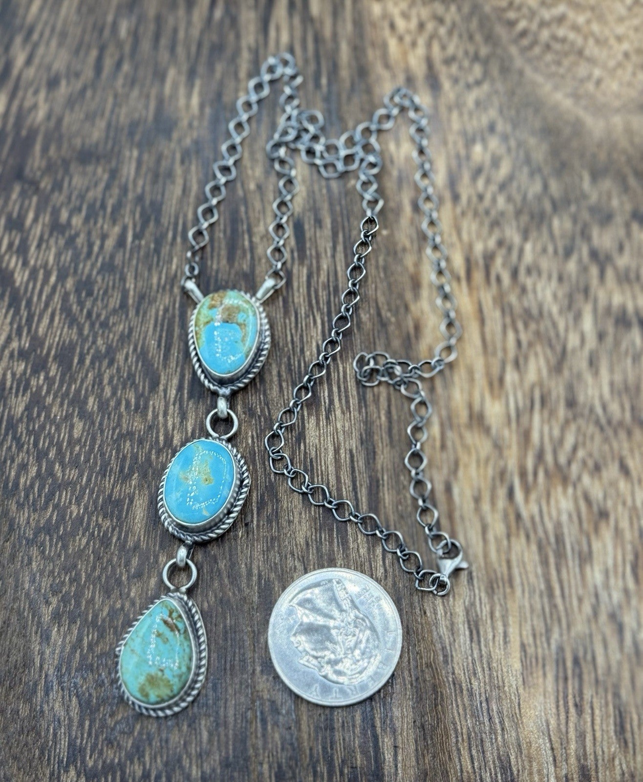 Native Navajo Handmade Sterling Silver Kingman Turquoise Lariat Necklace 18”