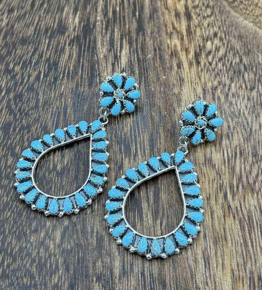 Navajo Handmade Sterling Silver Turquoise Cluster Post Drop earrings Large