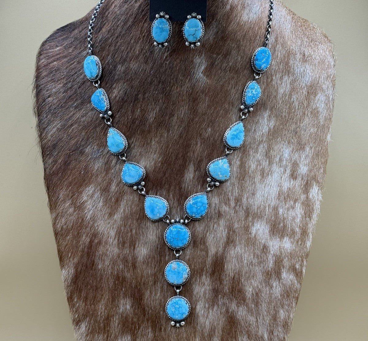 Native Navajo Handmade Sterling Silver Blue Bird Turquoise Y Lariat Necklace 24”