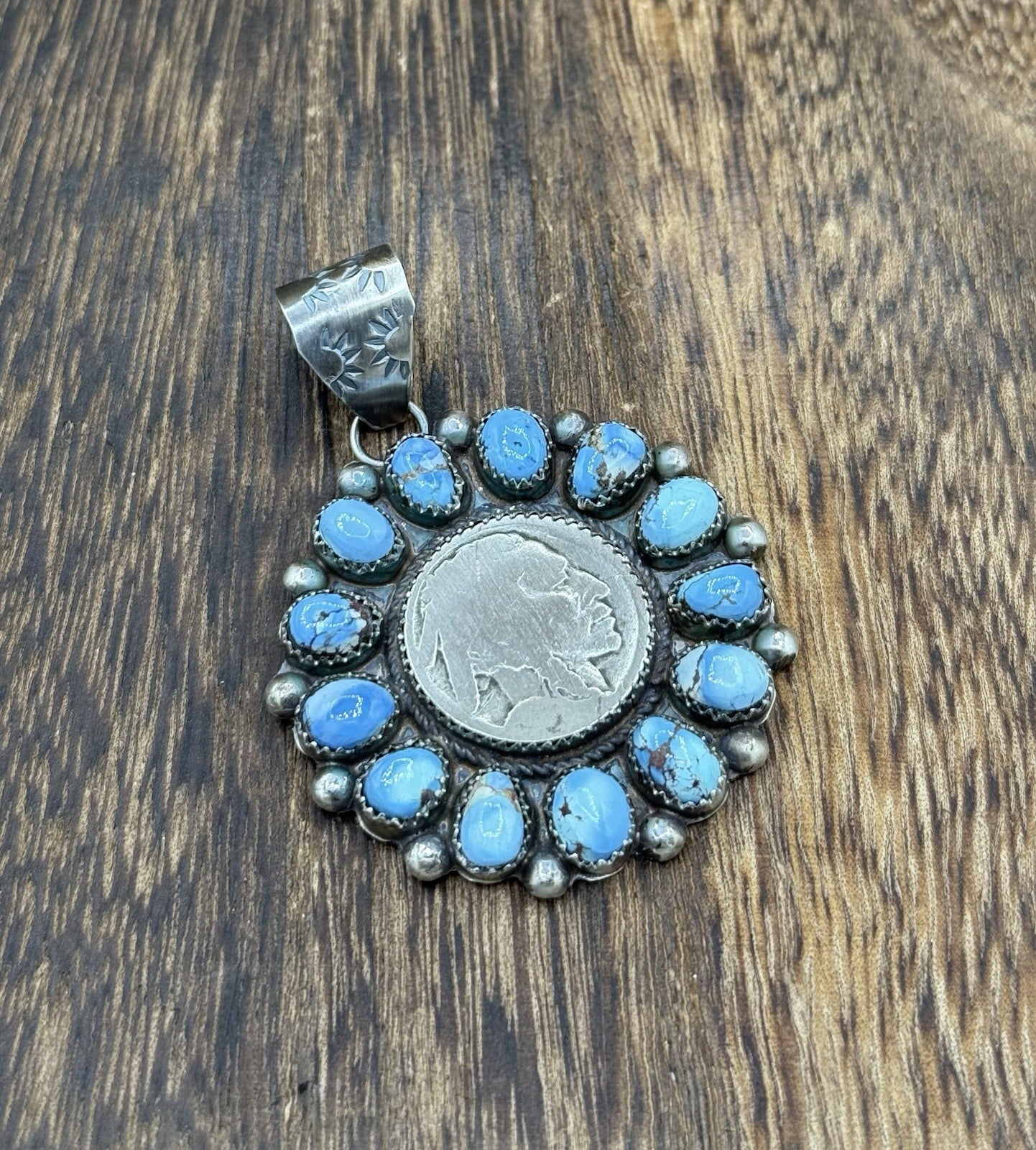 Navajo Handmade Sterling Silver Golden Hills Turquoise Cluster Coin Pendant