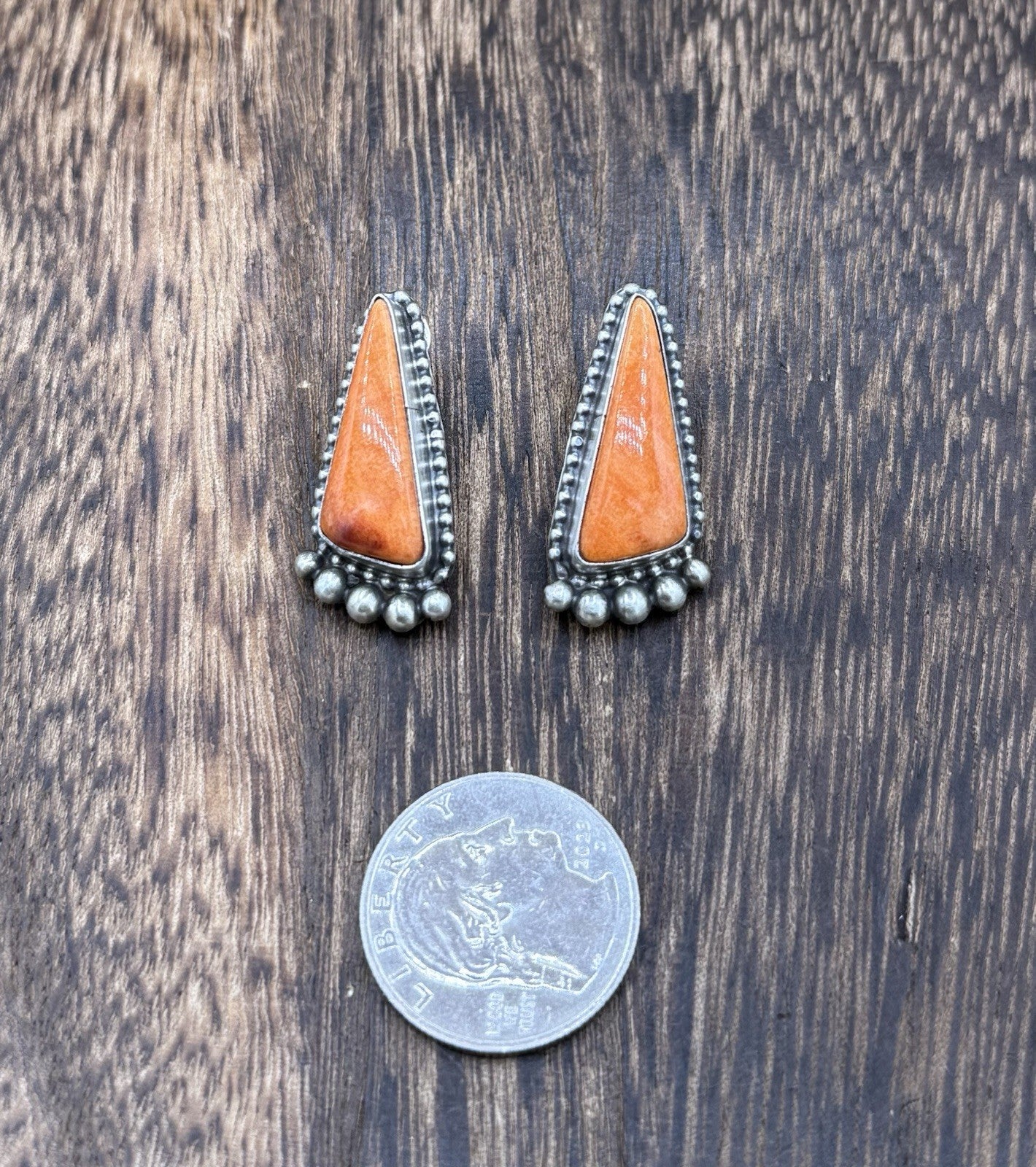 Native Navajo Handmade Sterling Silver Orange Spiny Oyster Post Stud Earrings