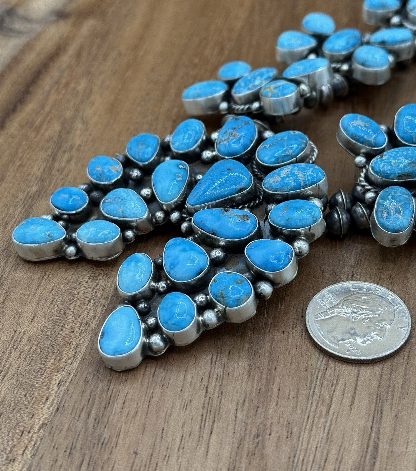 Navajo Handmade Sterling Silver Blue Ridge Turquoise Squash Blossom Necklace