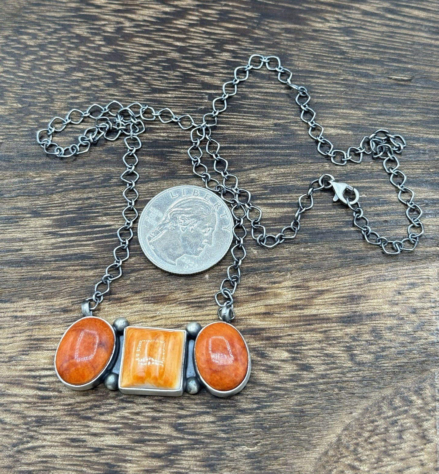 Navajo Handmade Sterling Silver Orange Spiny Oyster Cluster Bar Necklace 18”