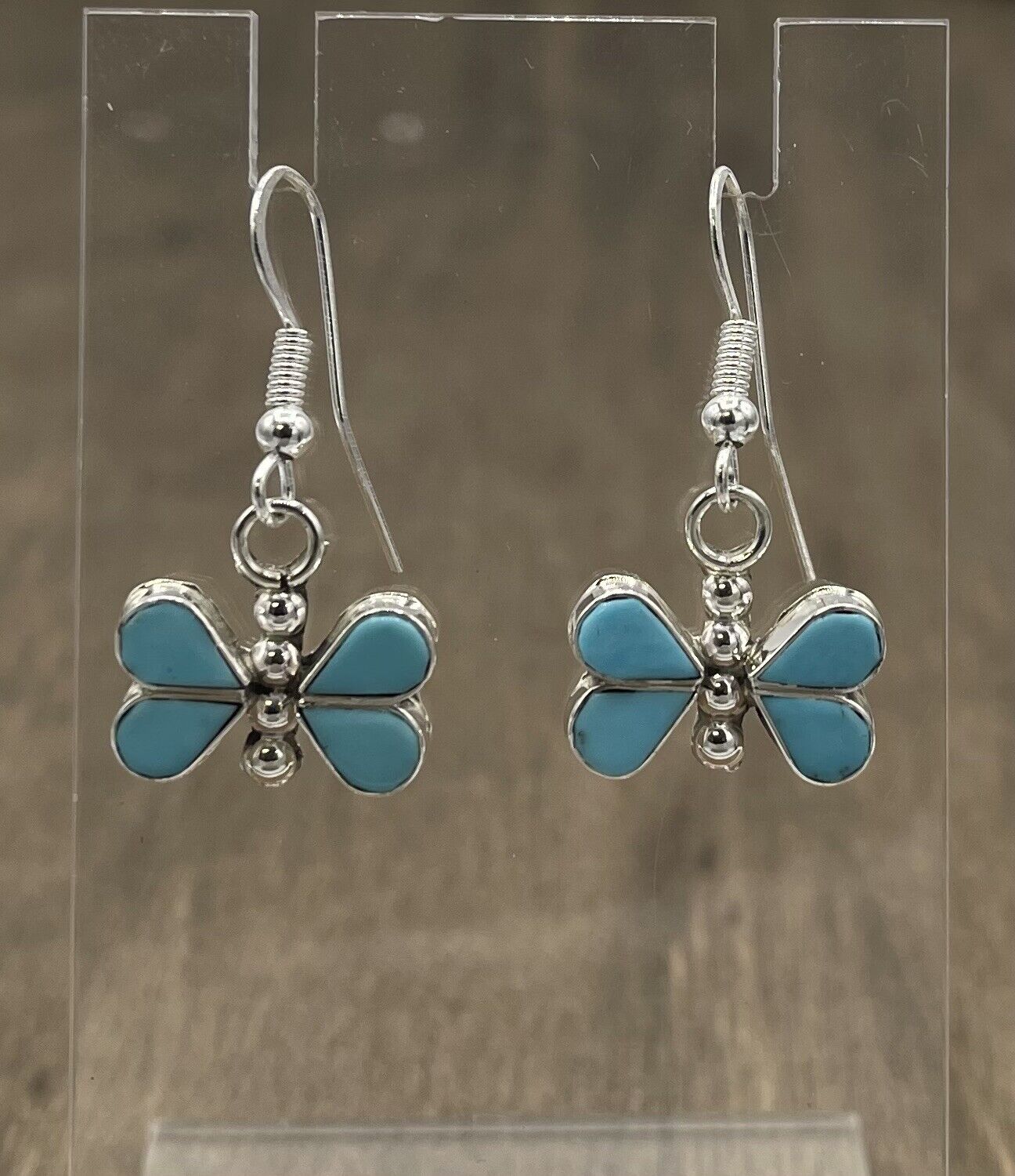 Native American Sterling Silver Zuni Handmade Turquoise Butterfly Earring