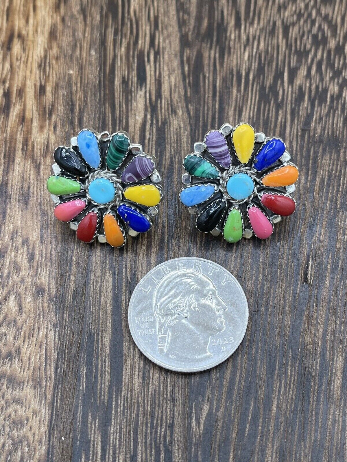 Native American Navajo Handmade Sterling Silver Multicolor Cluster Stud Earrings