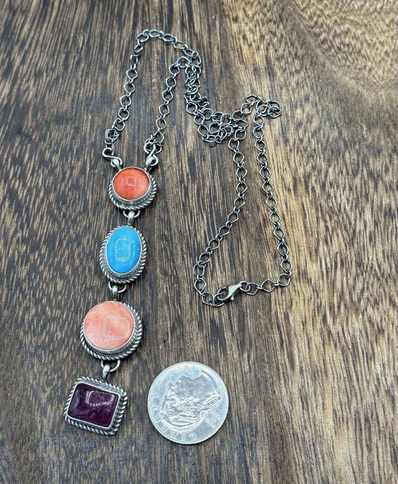 Navajo Handmade Sterling Silver Multi Color Mixed Stone Lariat Necklace 18”