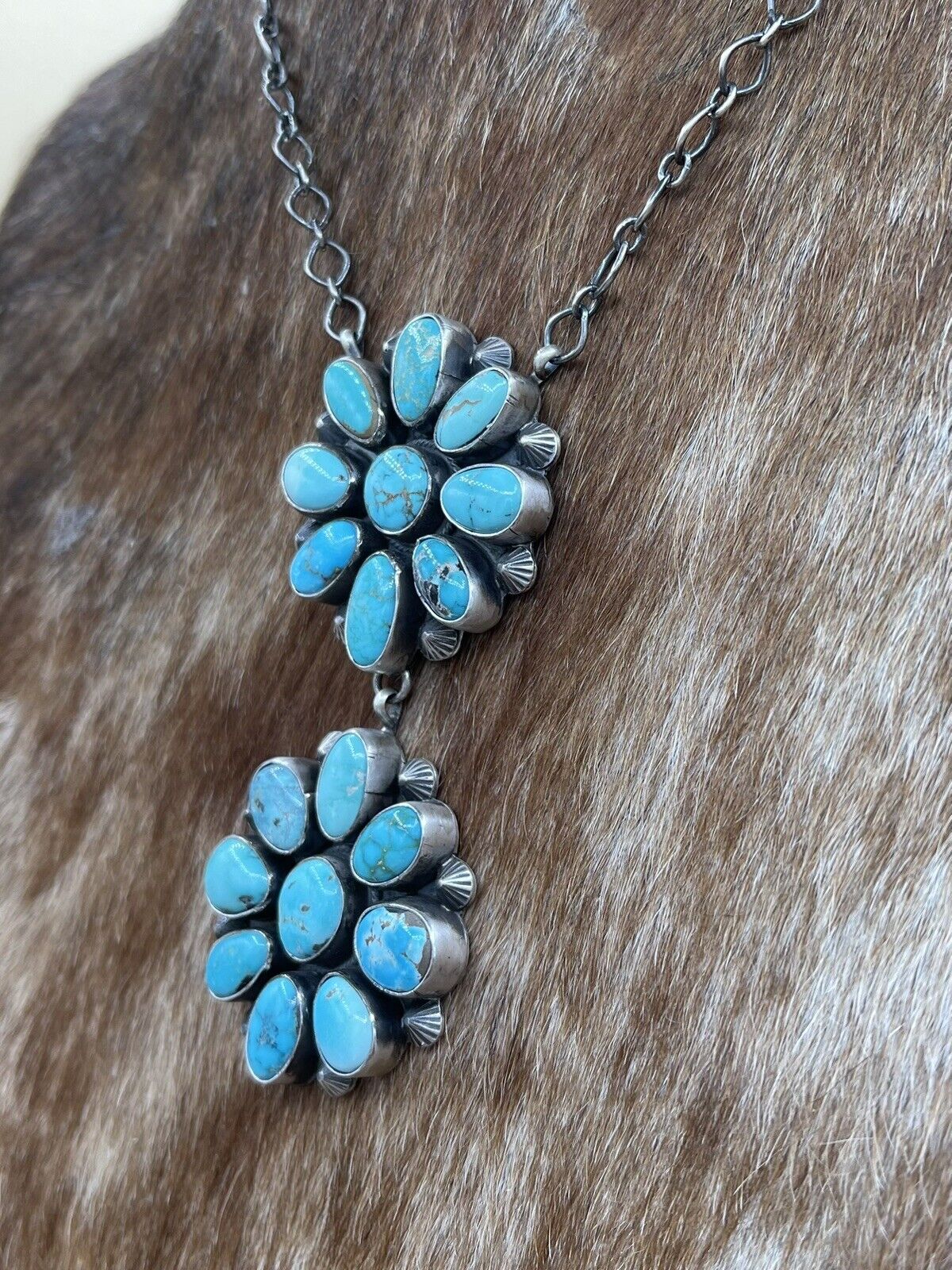 Native American Navajo Handmade Silver Kingman Turquoise Double Cluster Necklace