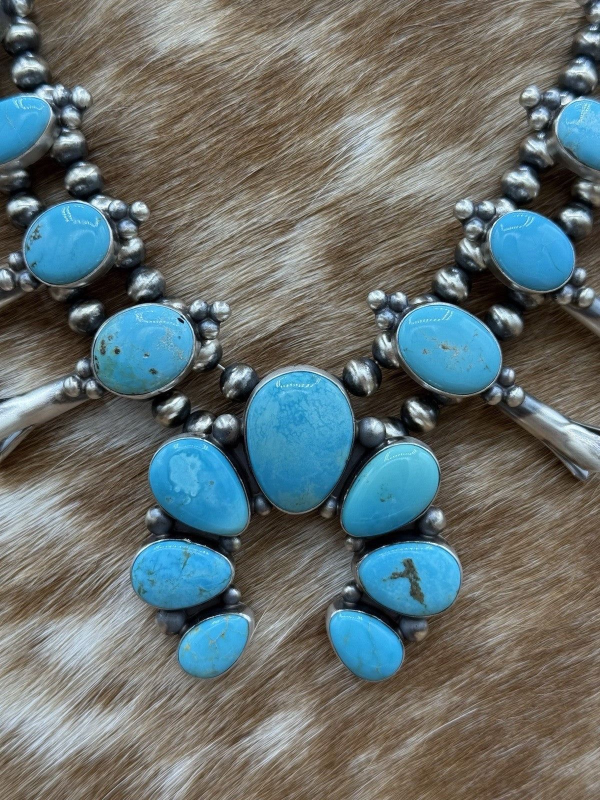Navajo Handmade Sterling Silver Kingman Turquoise Squash Blossom Necklace 20”