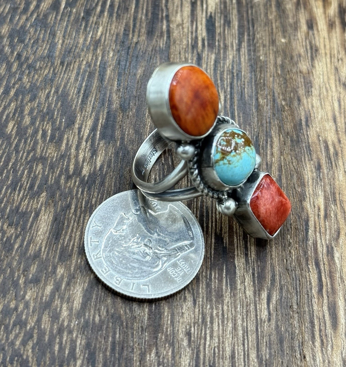 Native Navajo Handmade Sterling Silver Mixed Stone Turquoise Cluster Ring Size 9