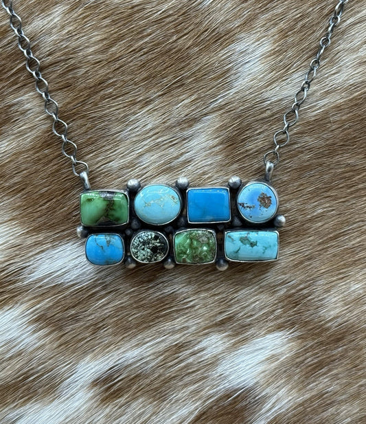 Navajo Handmade Sterling Silver Mixed Stone Turquoise Cluster Bar Necklace 18”